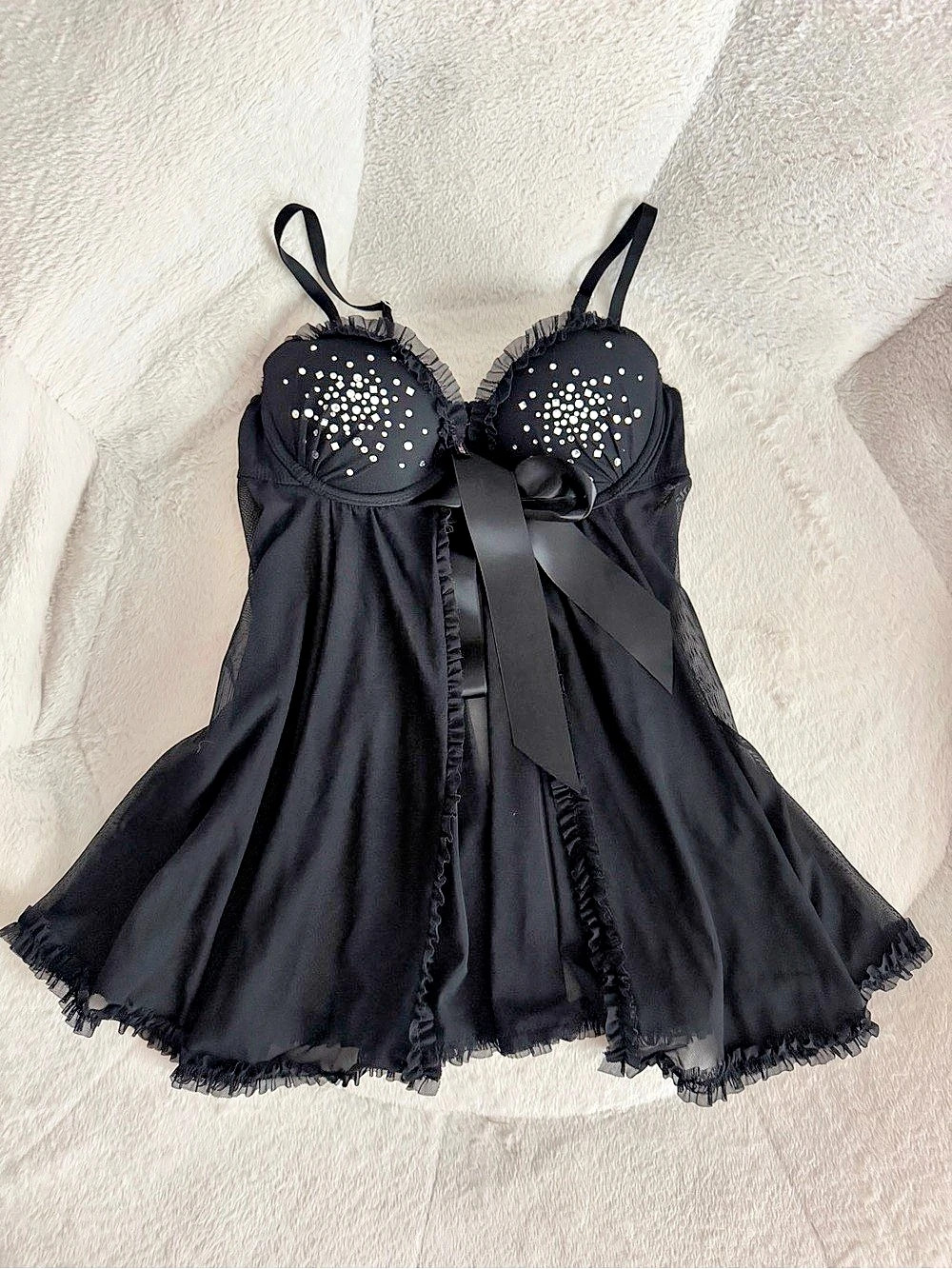 Victoria's Secret lace slip dress Rhinestone Bling Mesh Babydoll Black 34B
